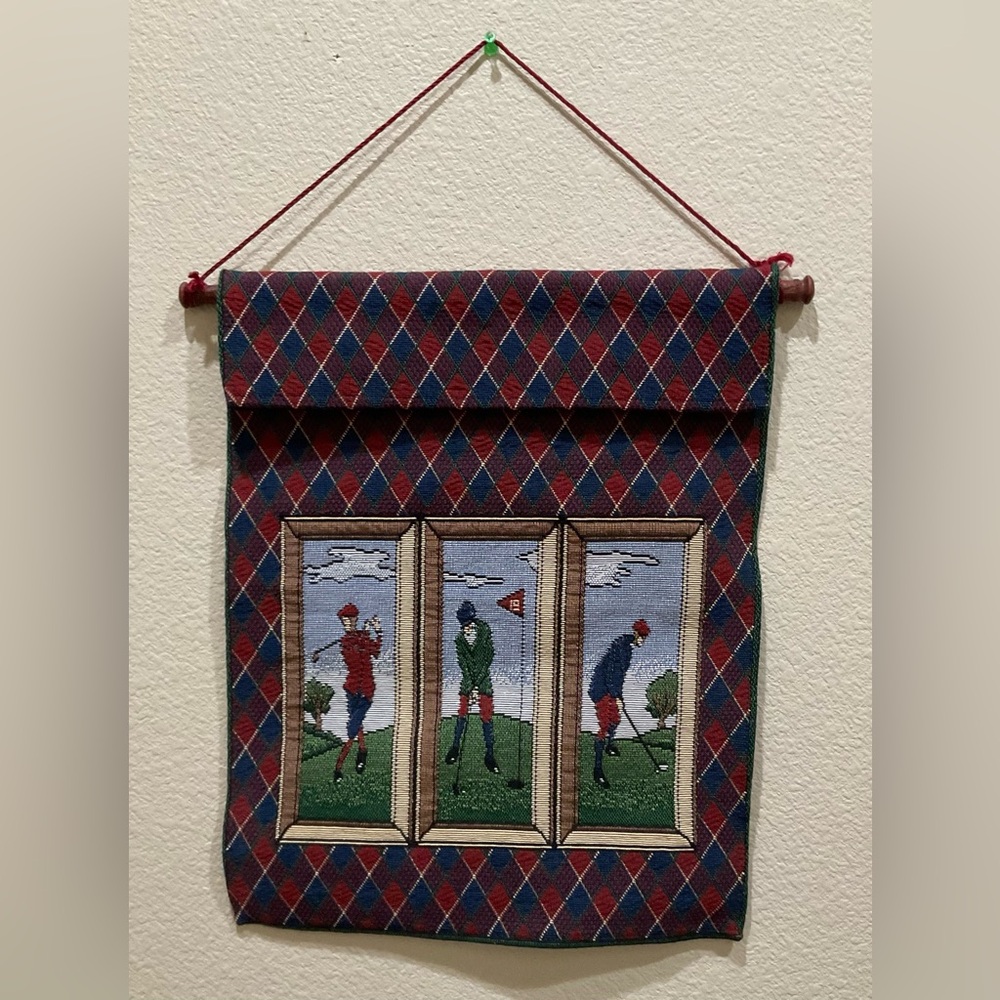 Vintage Windham Weavers Golf Scene Tapestry Wall Decor 13 in X 16 in